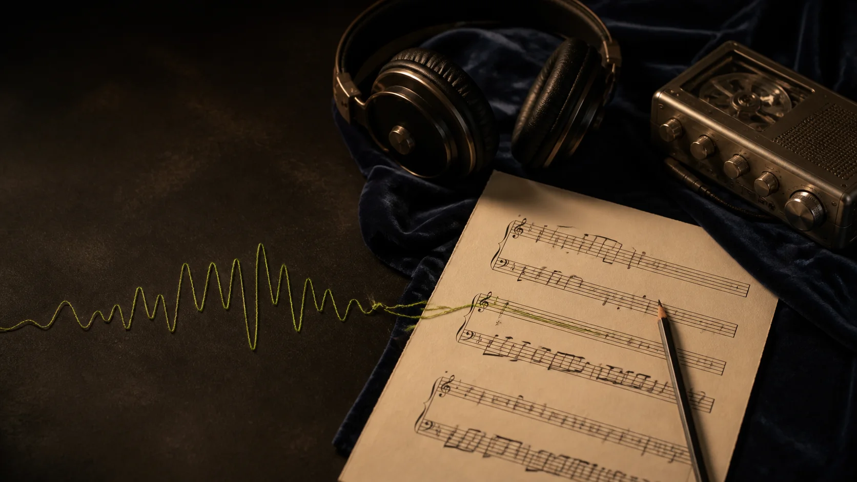 Printed sheet music beside headphones and an audio player on a dark wooden desk