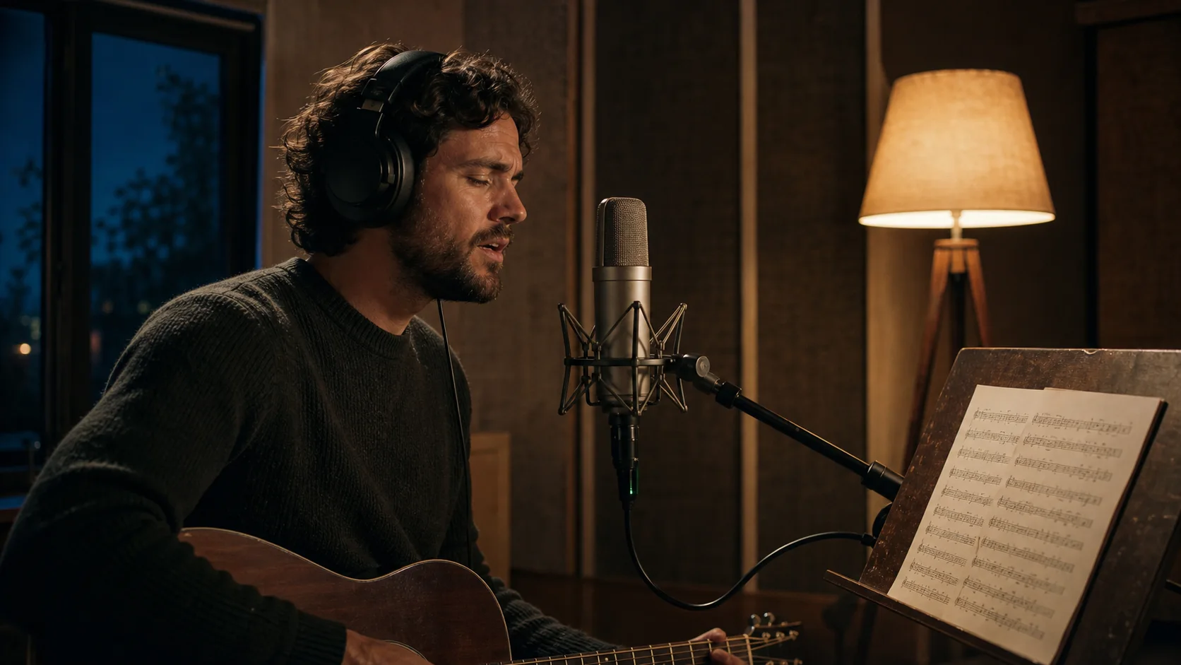 Studio microphone, headphones and open sheet music prepared for a clean recording