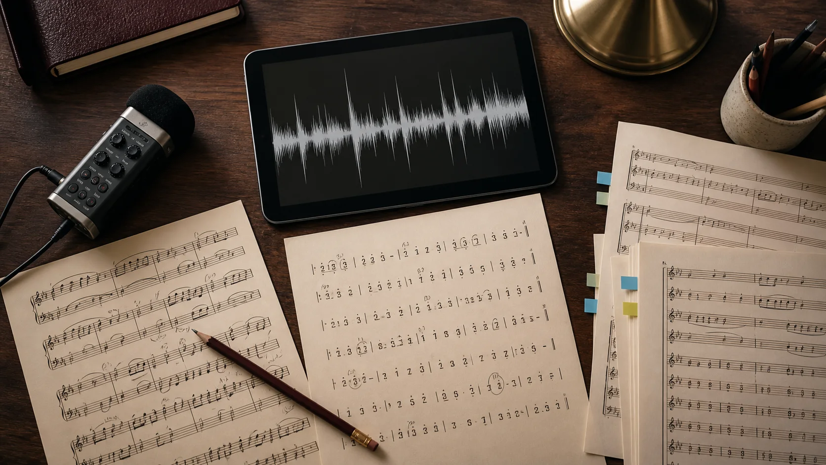 A recording waveform flowing into handwritten notes and a finished printed score