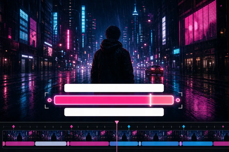 Screenshot des Liedtextvideos „Rainy City“ mit bearbeitbaren Timing-Handles
