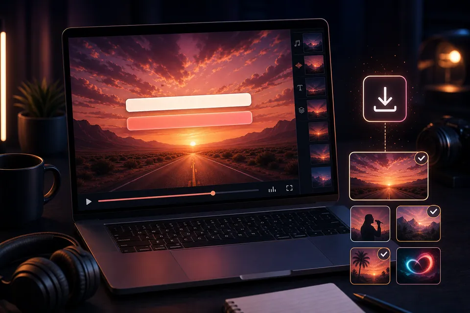 Exportierter Lyric-Video-Screenshot auf einem Laptop mit gespeicherten Ergebniskacheln