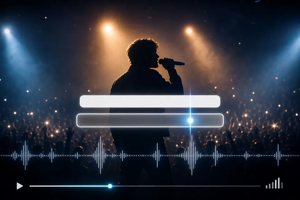 Lyric-Video-Screenshot im Konzertstil mit synchronisierten Untertiteln
