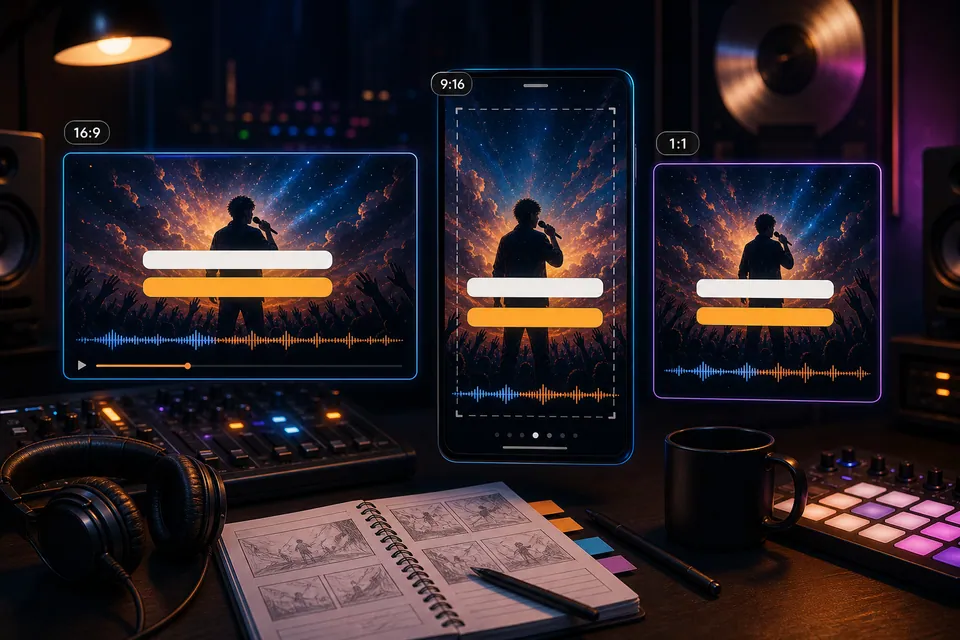 Lyric-Video-Screenshots mit mehreren Seitenverhältnissen auf einem Notenpult