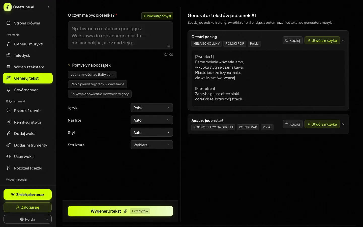 Polski generator tekstów piosenek AI z wyborem języka i przykładowym tekstem Ostatni pociąg