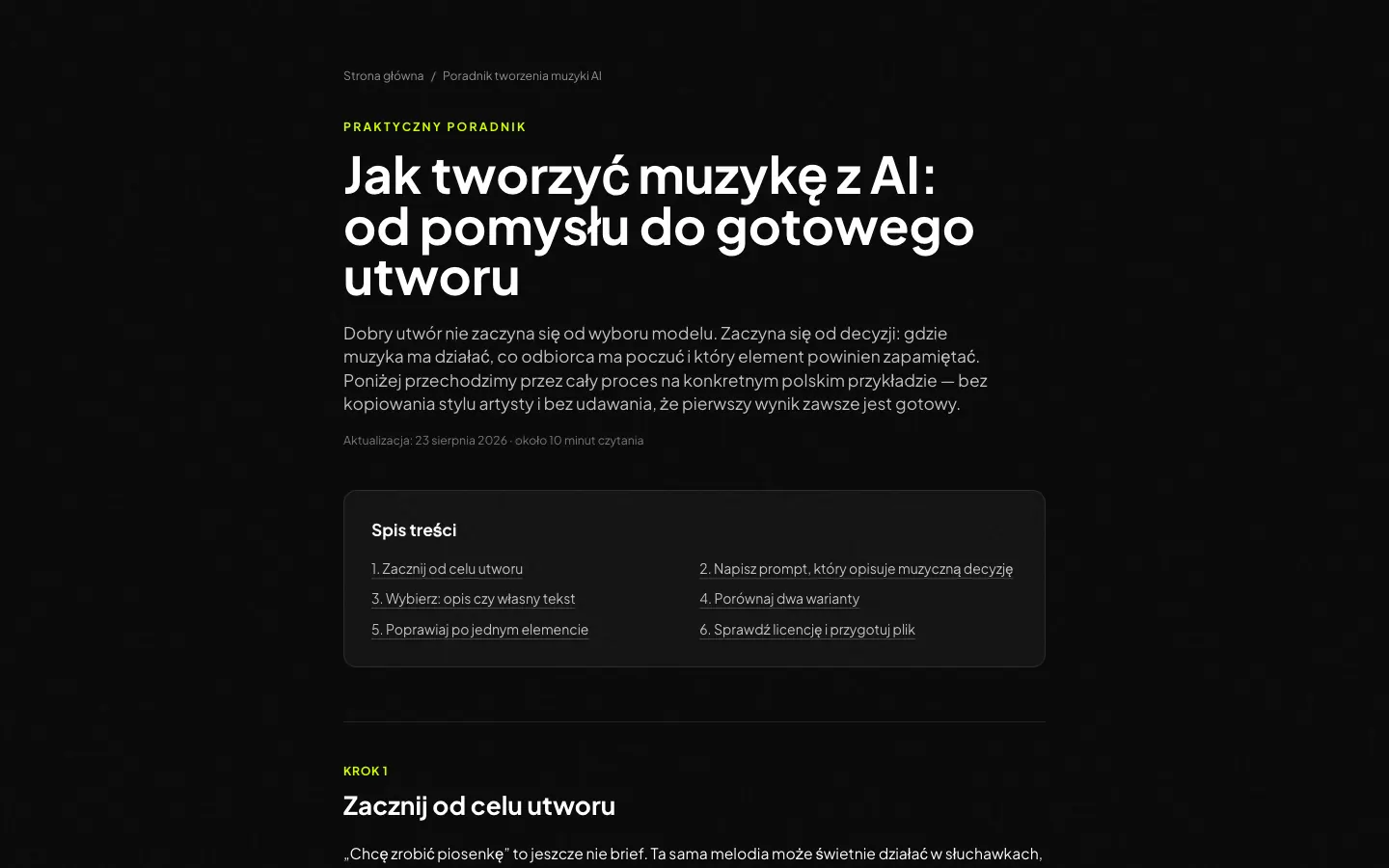 Polski interfejs Creatune z promptem muzycznym i dwoma wariantami wygenerowanego utworu