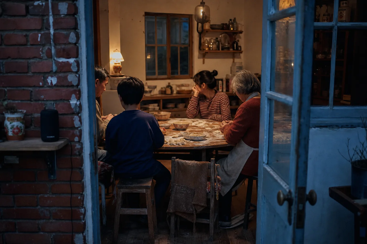 Family seen from behind beginning a shared tradition at home