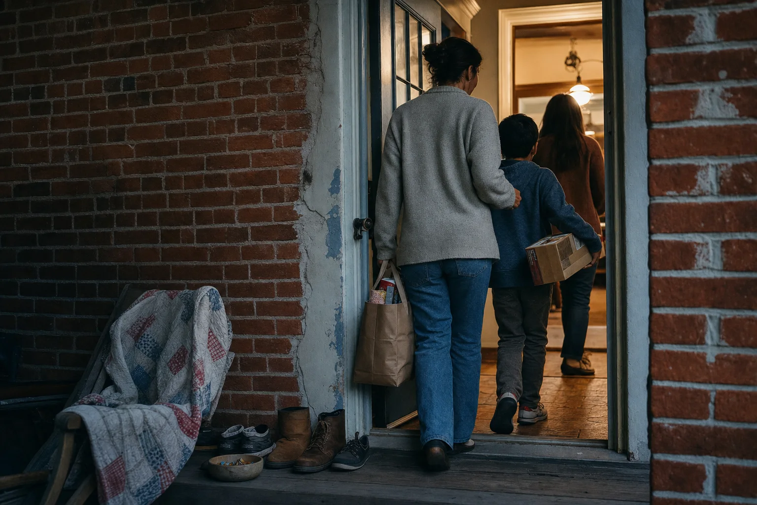 Documentary family porch scene in brick red, mist blue, and warm white