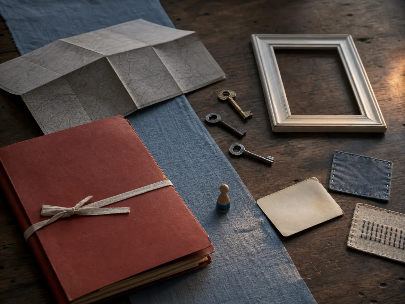 Privacy-conscious archive of maps, keys, folders, and handmade family objects