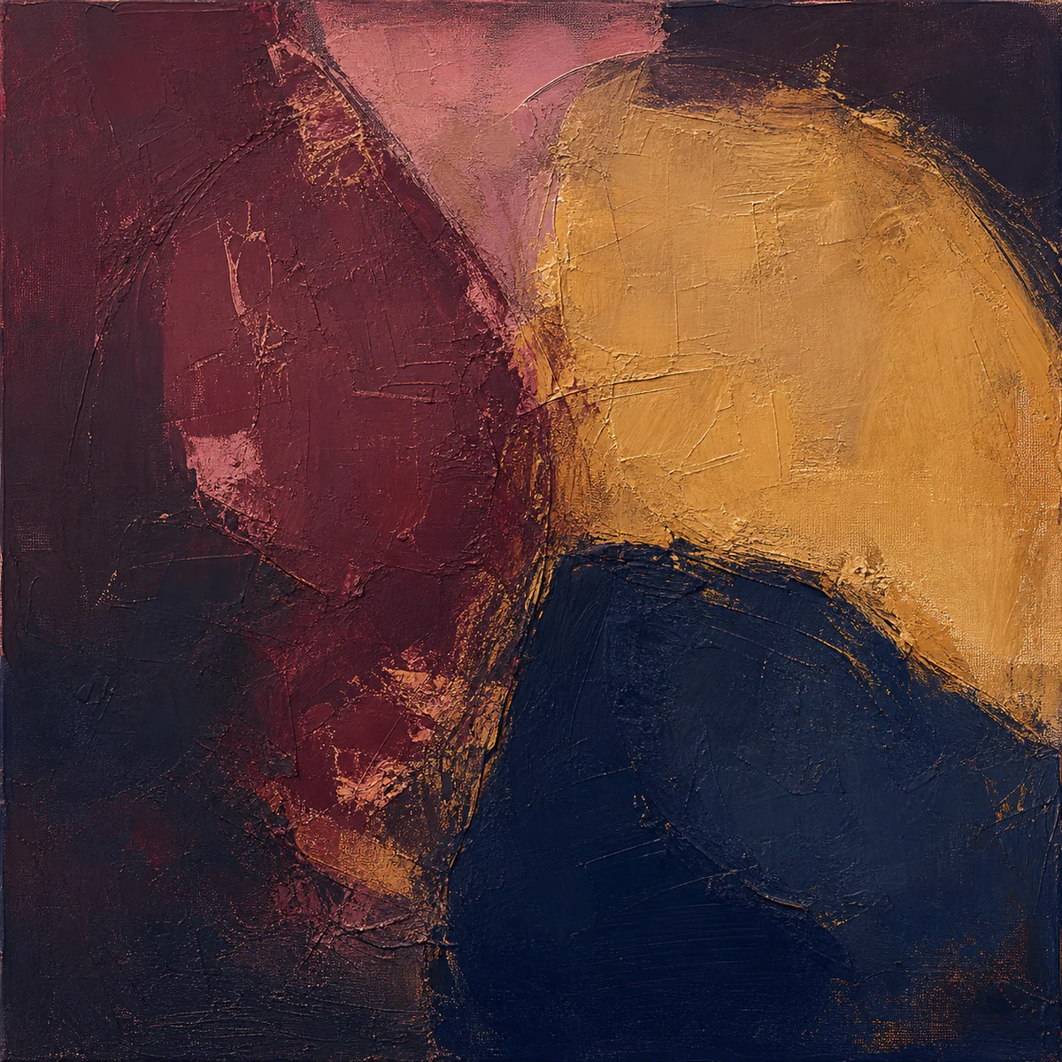 Impasto oil painting of two overlapping forms in burgundy and indigo