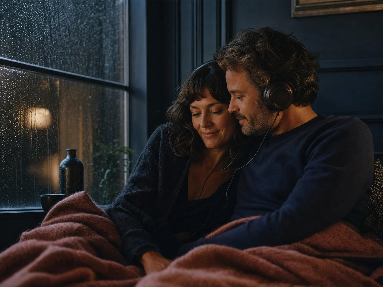 Private anniversary listening moment beside a window at dusk