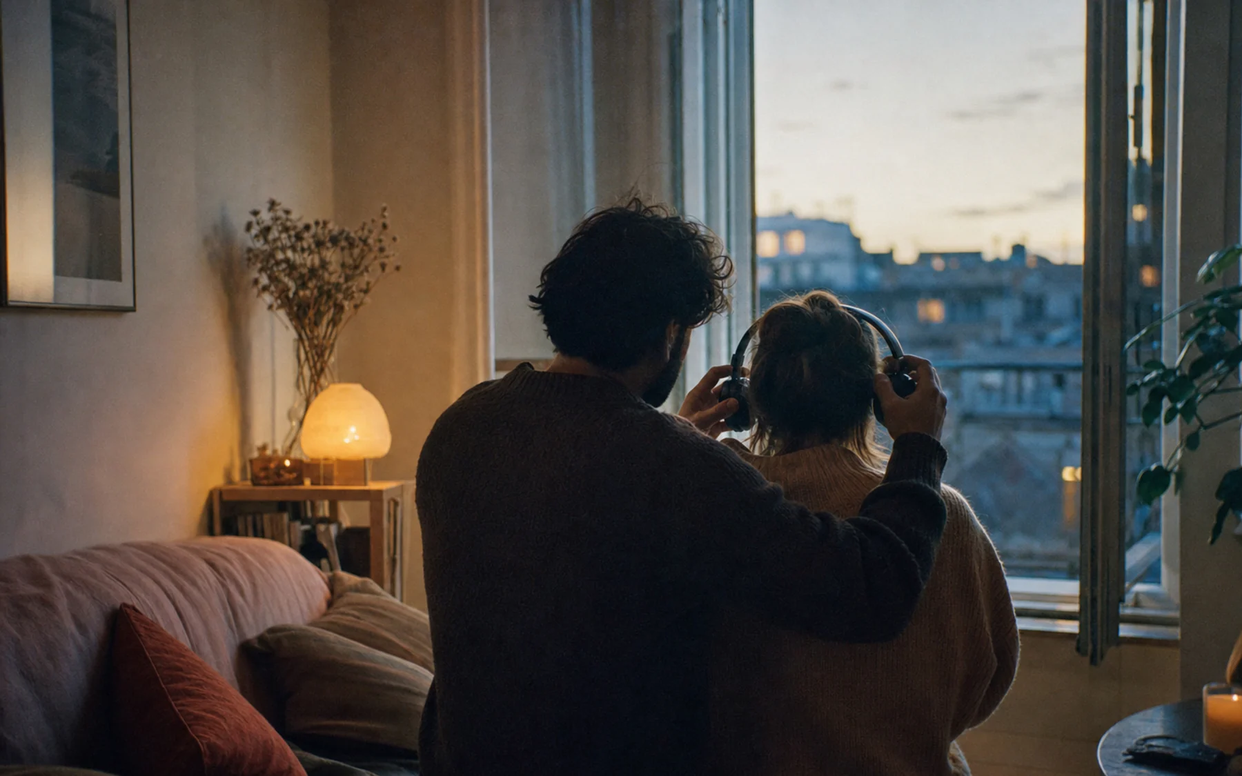Cinematic domestic evening with two cups and a couple in soft dusk light