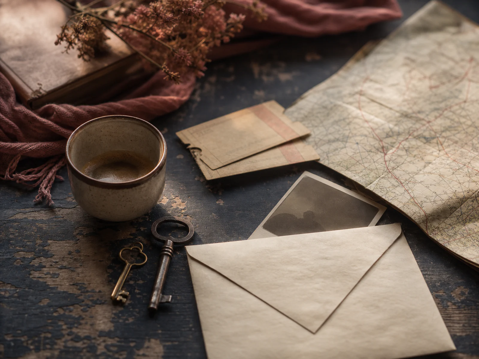 Quiet still life of keys, train tickets, coffee cups, and an old photograph