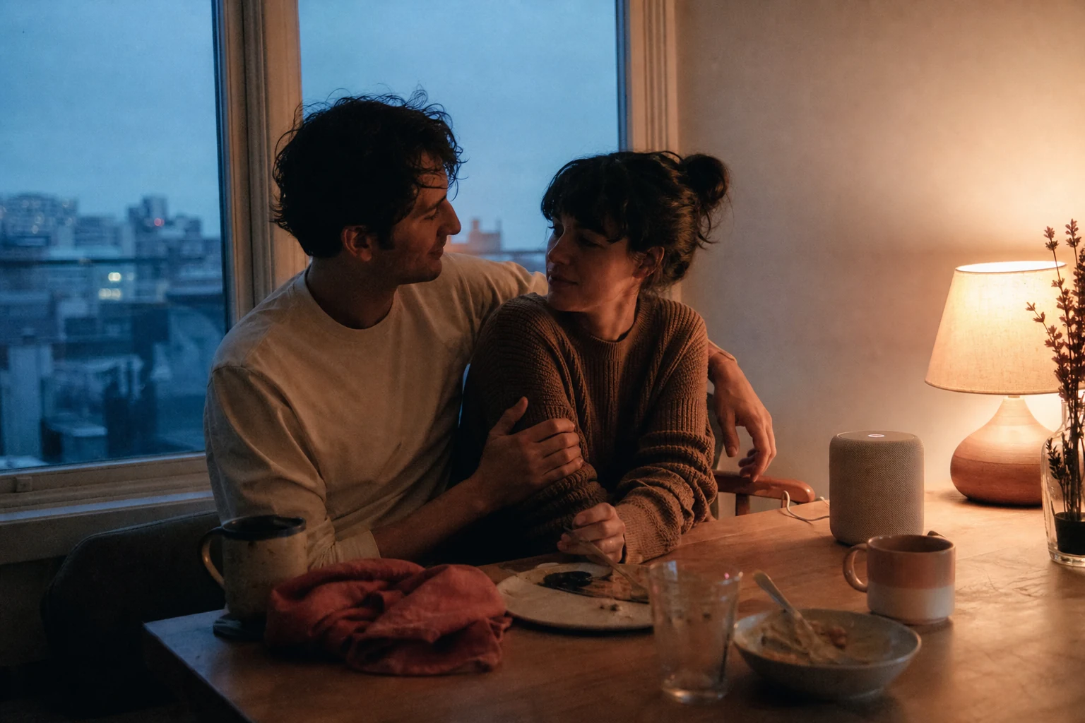 Couple privately listening to a first anniversary song over dinner