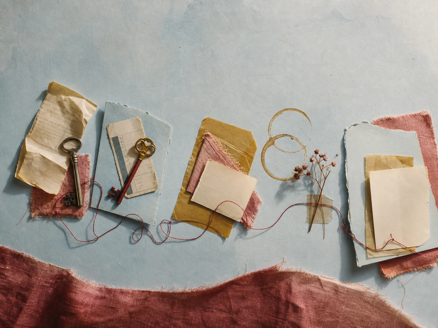 First-year scrapbook of receipts, keys, notes, photographs, and an everyday ritual