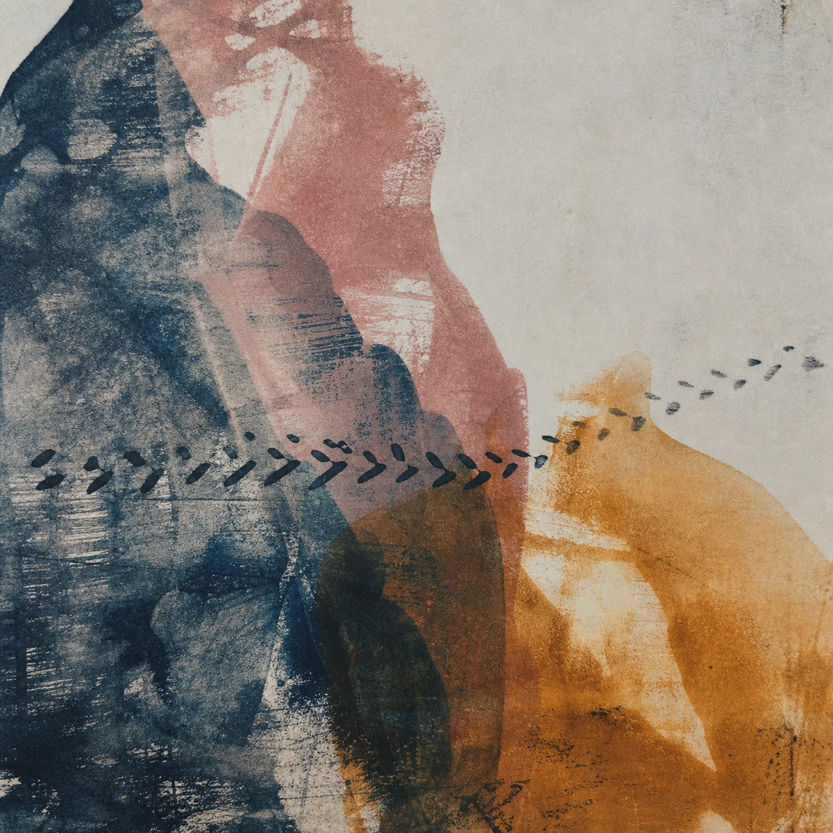 Two-layer film-grain monoprint in midnight blue, amber, and dusty rose