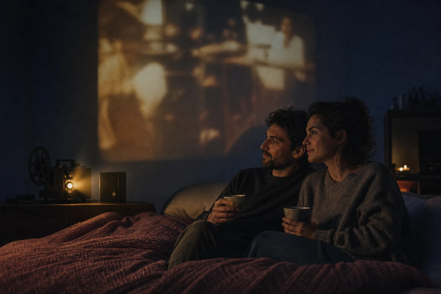 Couple listening to their anniversary song beside projected home movies