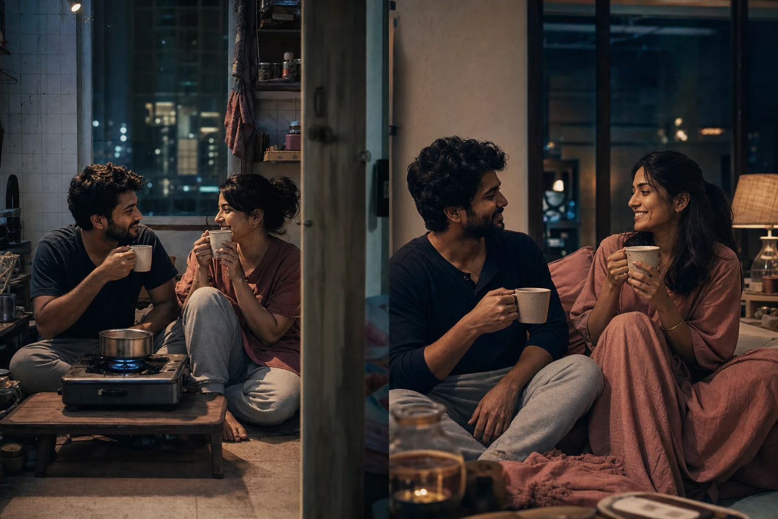 Split-screen cinematic portrait of a couple then and now in midnight blue and amber