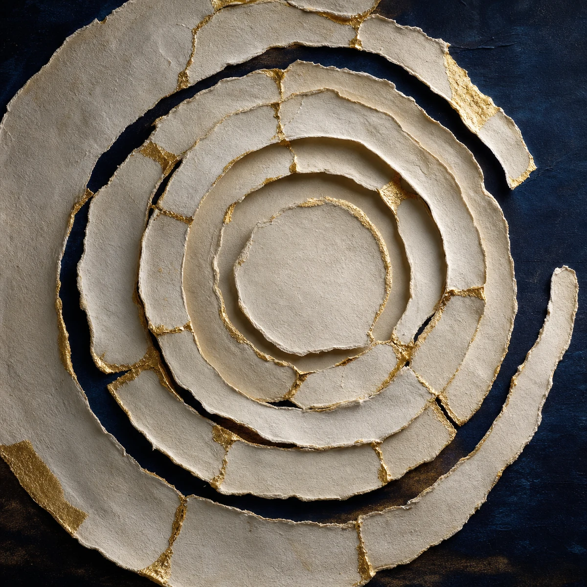 Gold-leaf concentric paper forms joined like visible kintsugi
