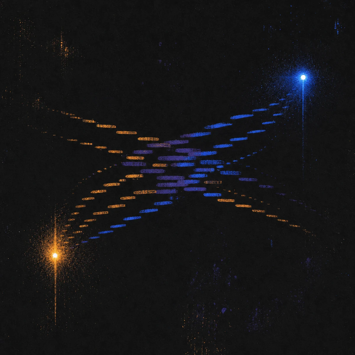 Silkscreen of two distant light points connected across a dark field