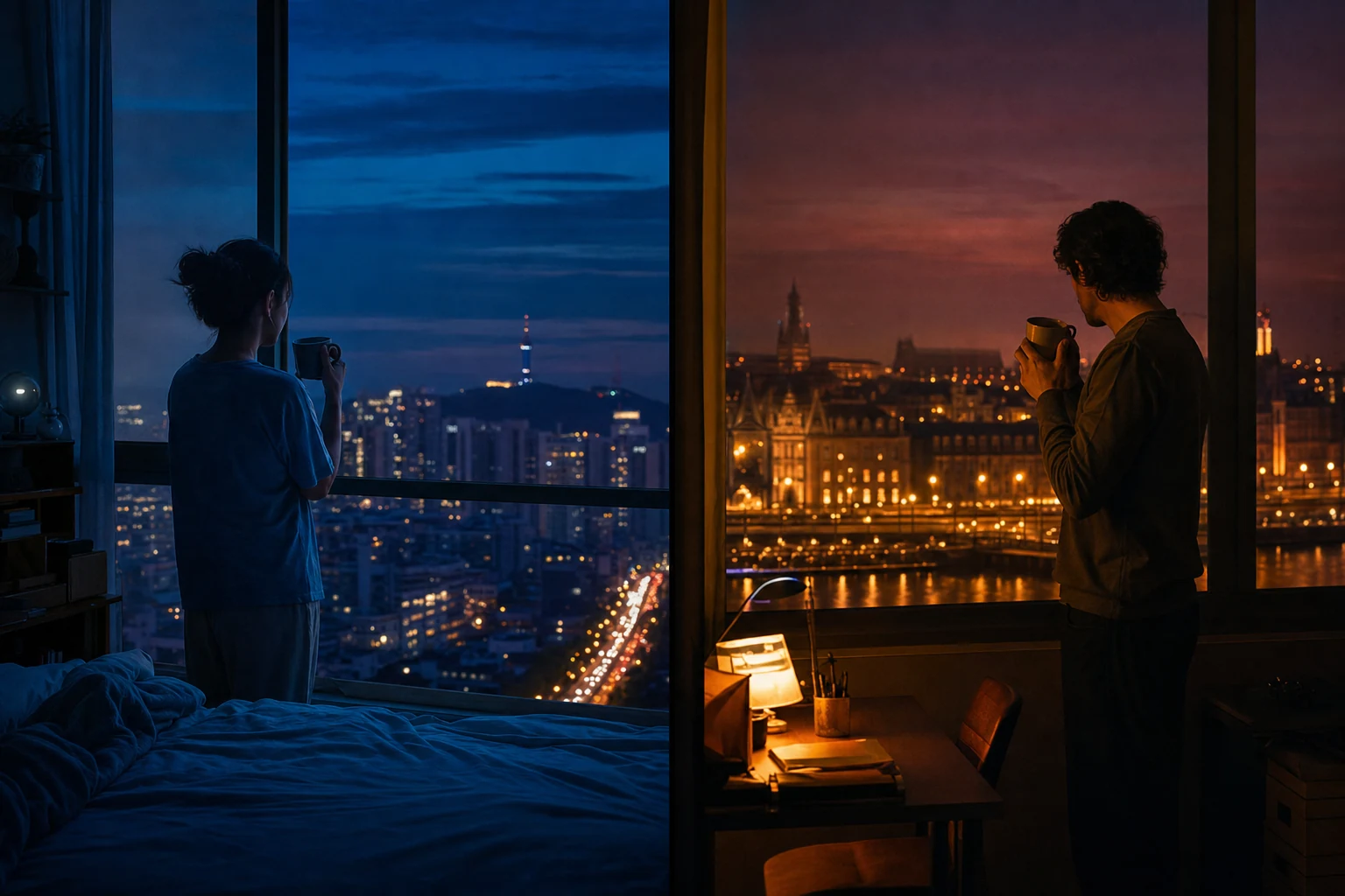 Dual-city night cinema showing two partners in electric blue and amber