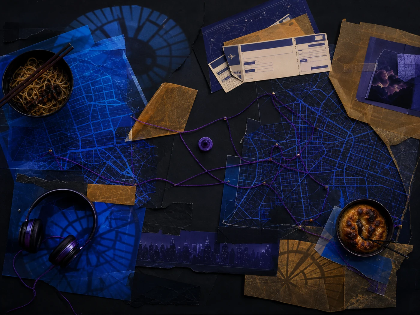Collage of maps, clocks, boarding passes, screens, and two local routines