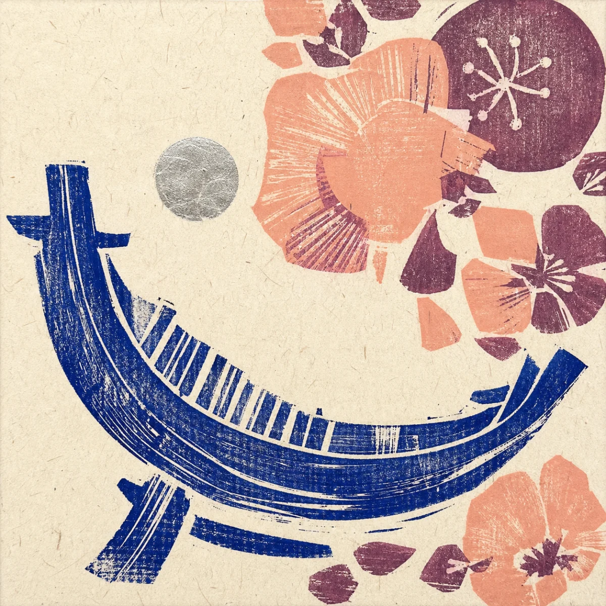Woodcut-inspired cradle and paper flower pattern in saturated colors