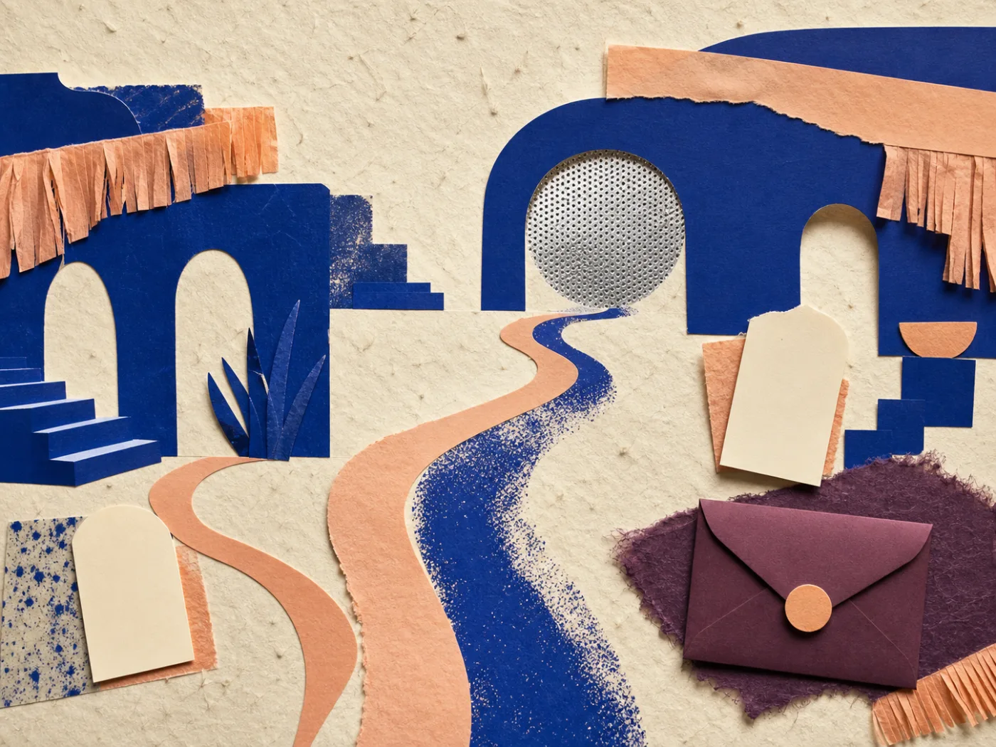 Cut-paper collage of invitations, ribbons, and protected reveal envelopes