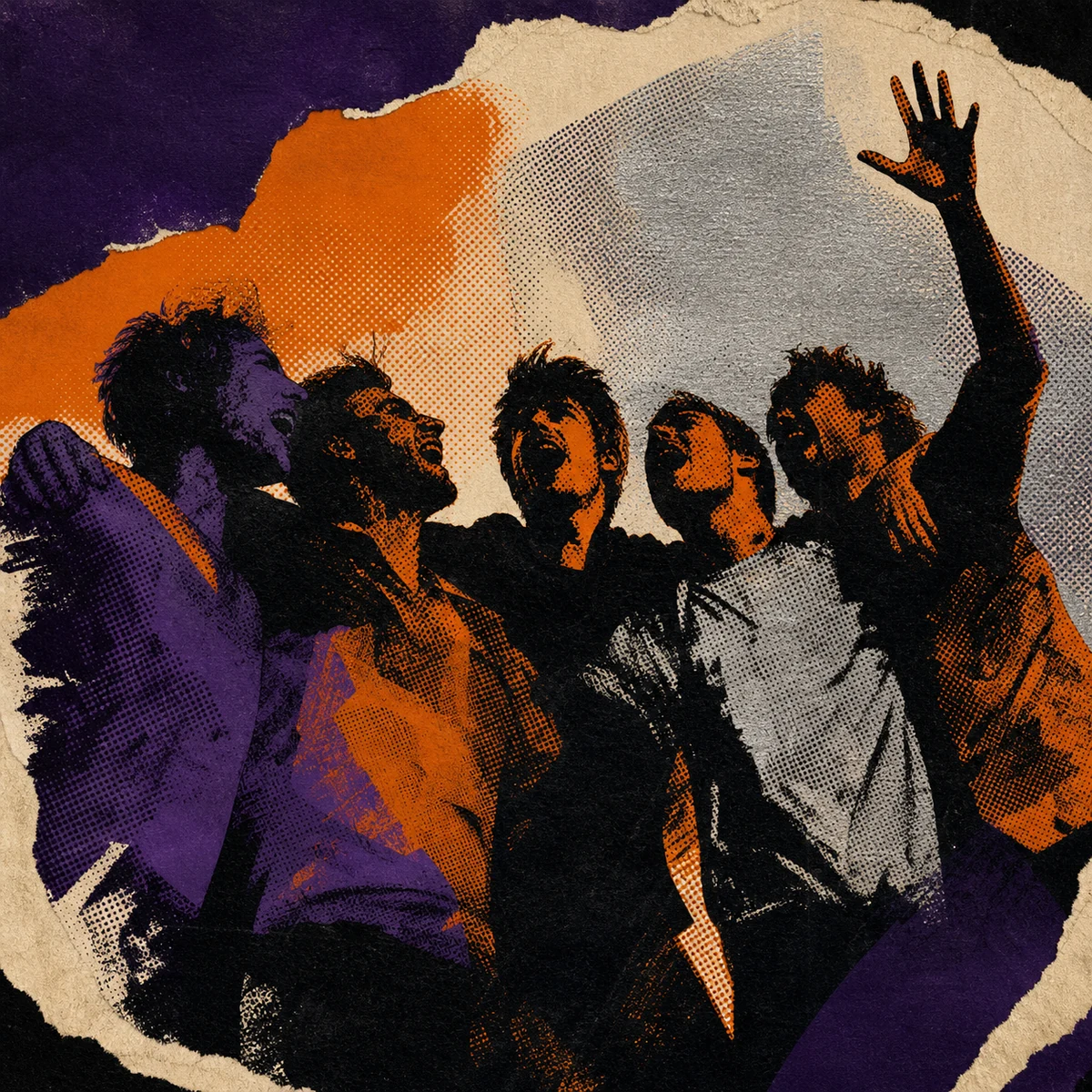 Rough halftone comic print of a group silhouette under silver and burnt-orange light