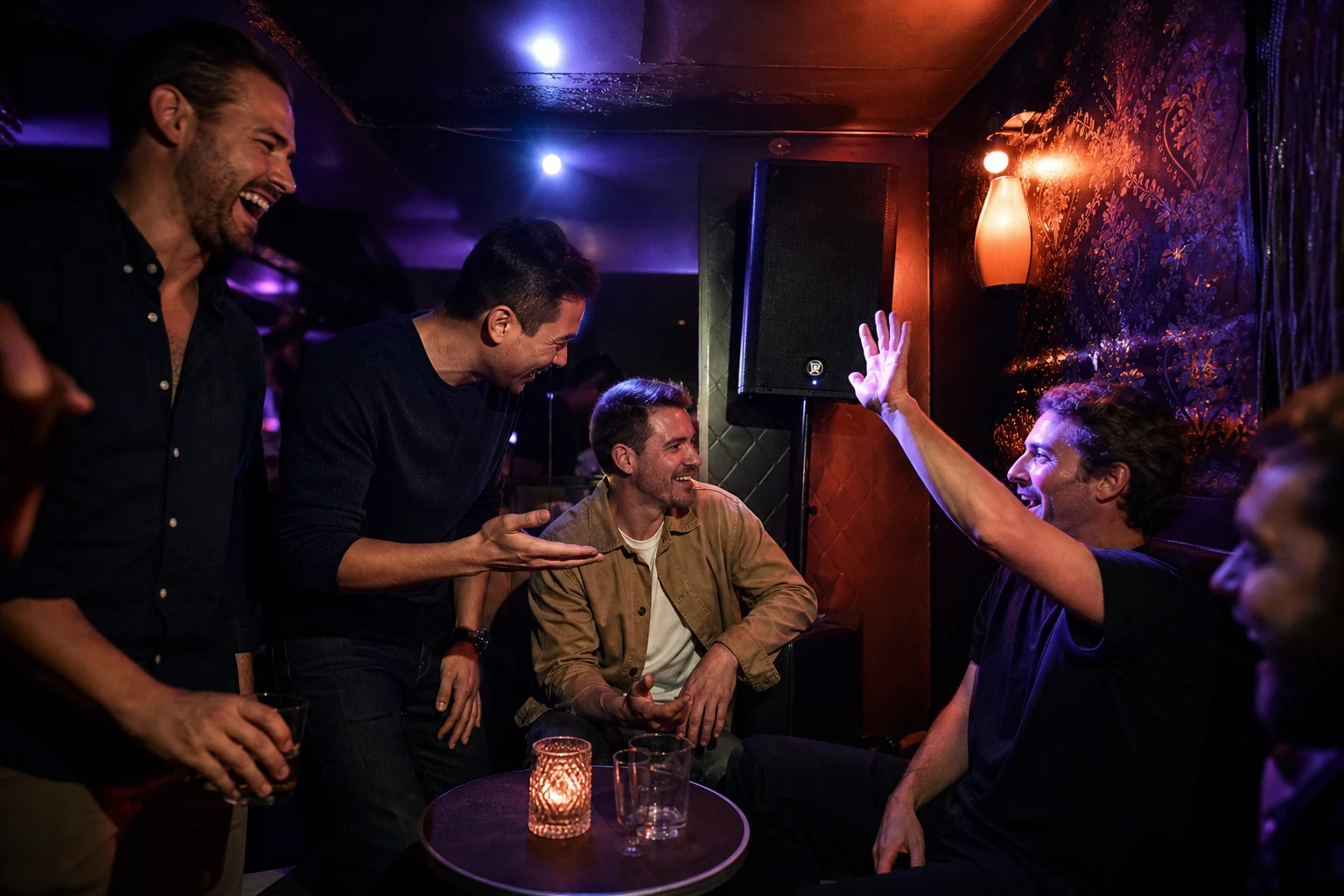Wide-angle documentary scene of friends reacting to a song in a small private venue