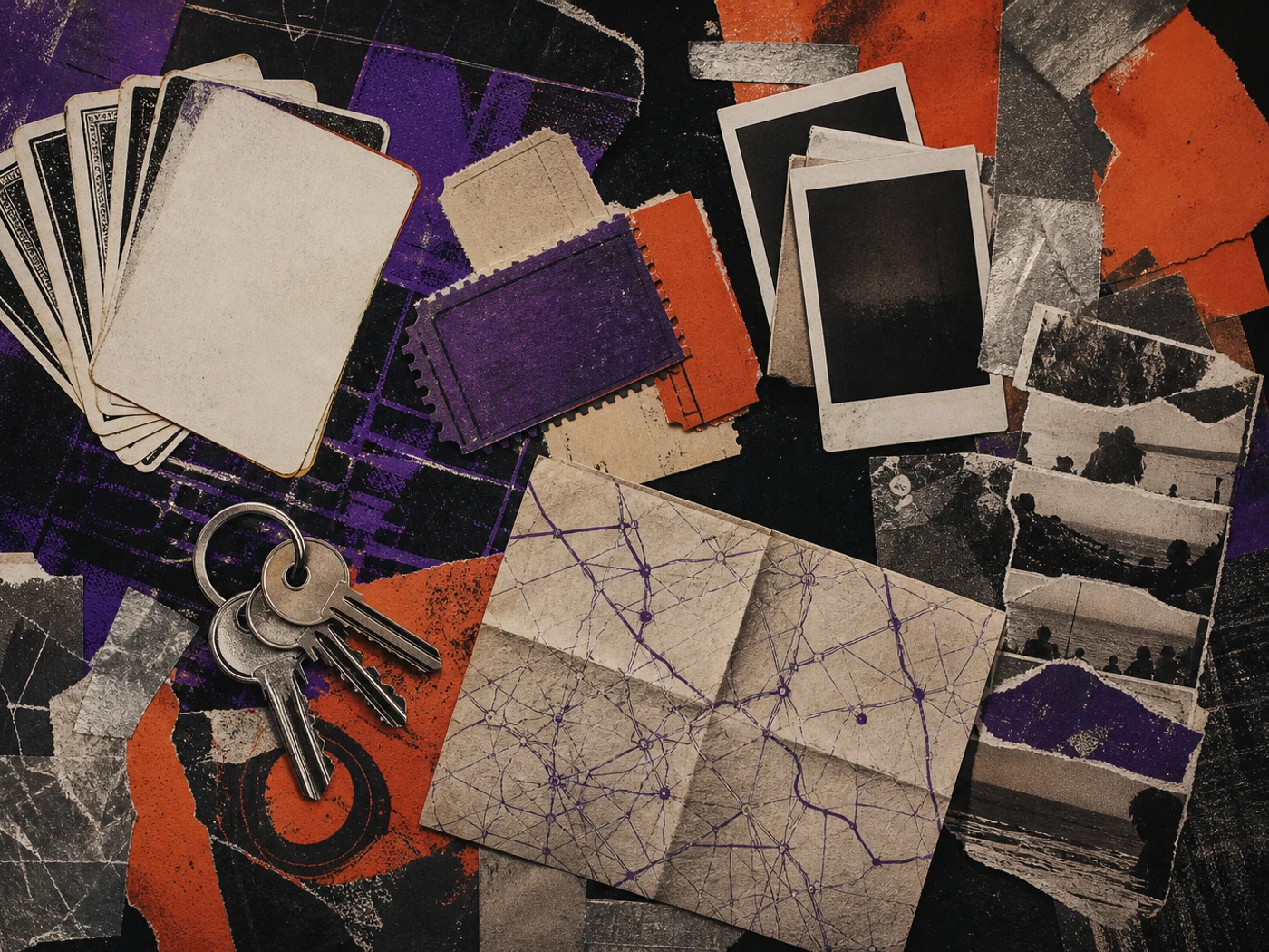 Punk collage of playing cards, ticket stubs, instant photographs, and harmless bachelor-party memories