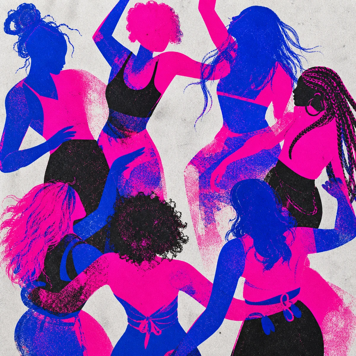 Neon risograph group silhouette in magenta and cobalt with rough silver-white texture