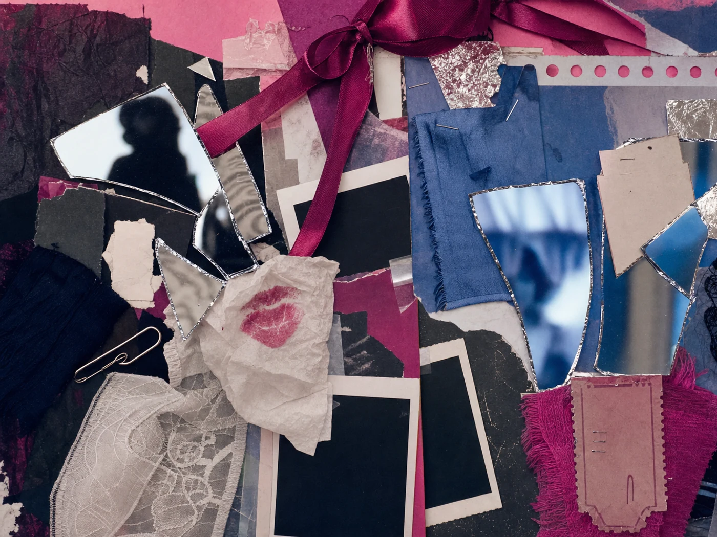 Zine collage of mirror fragments, ribbons, ticket stubs, photographs, and friendship-era keepsakes