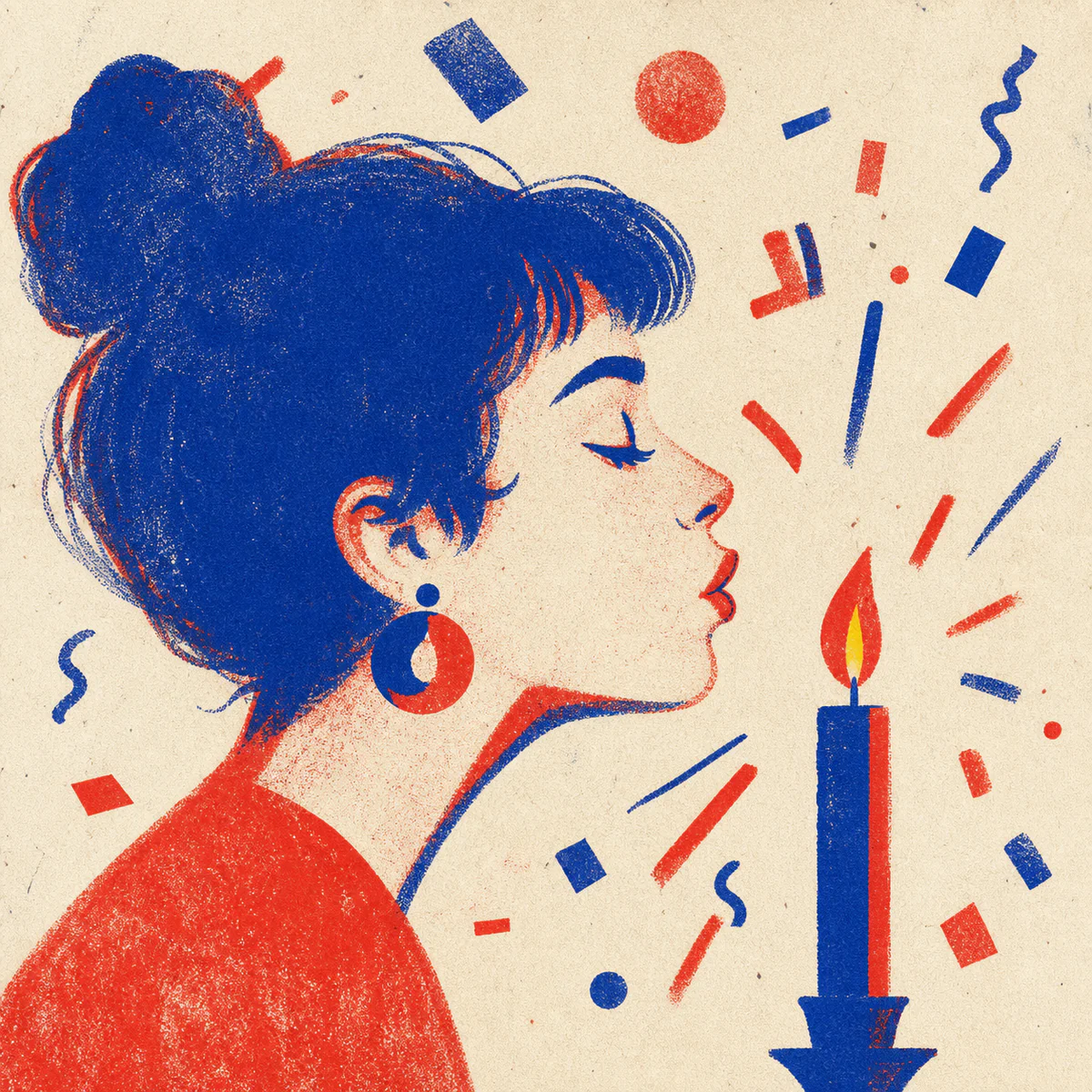Risograph birthday cover with a silhouette and candle glow