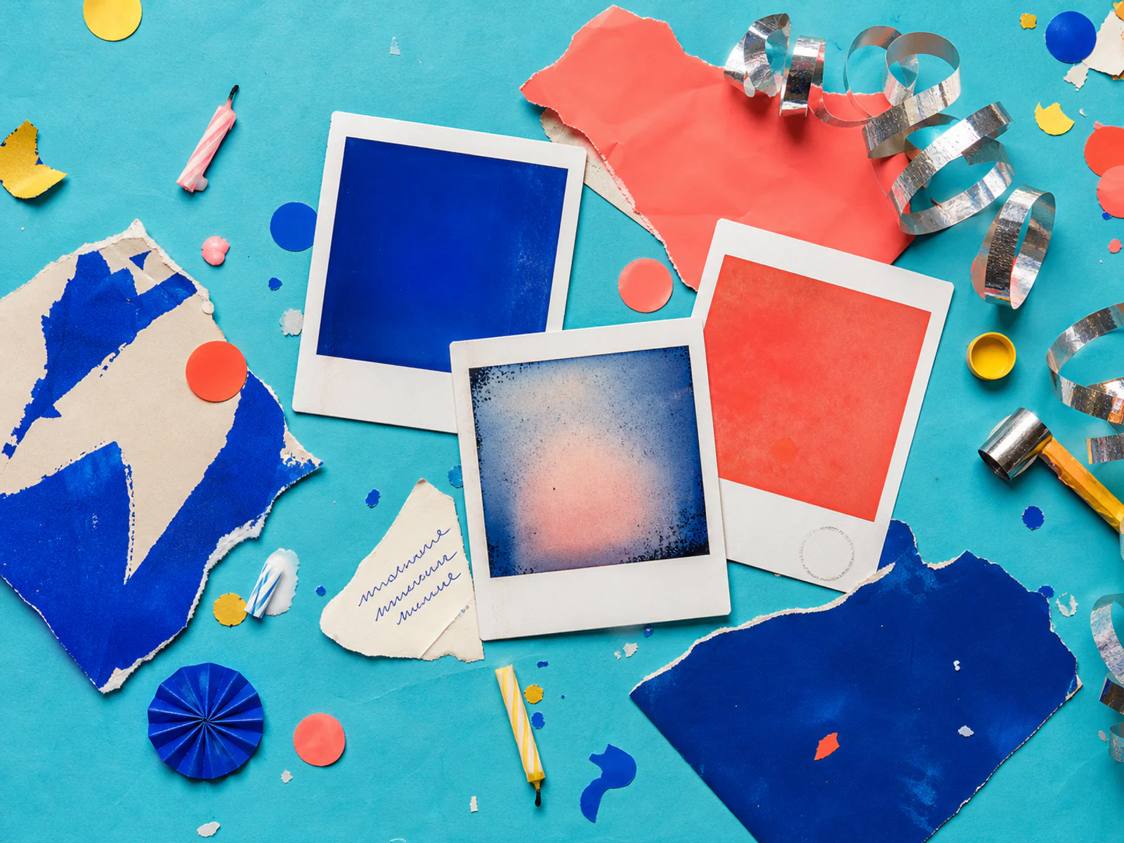 Colorful birthday collage of instant photos, wrapping paper, and confetti