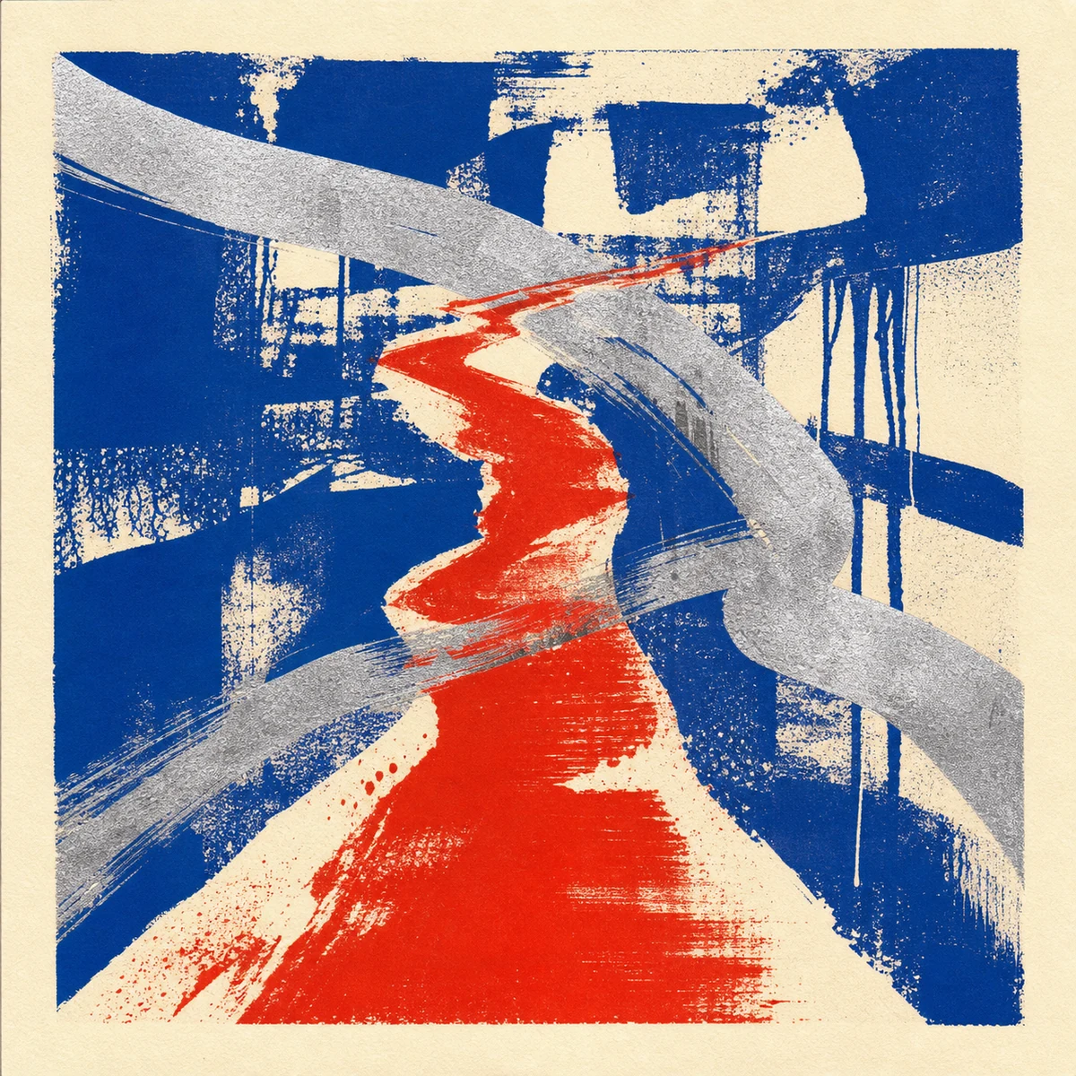 Three-layer silkscreen abstraction in cobalt, red, and silver without text
