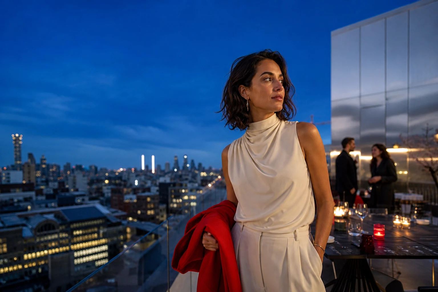 Editorial rooftop portrait for a thirtieth birthday in cobalt, tomato red, and silver