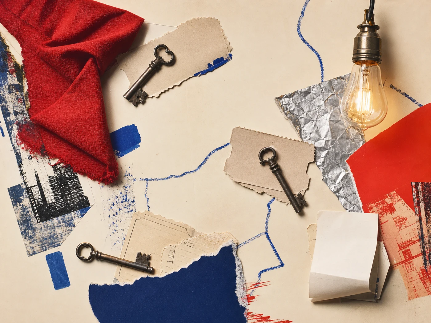 Editorial collage of a decade of tickets, keys, notebooks, receipts, and friendship objects