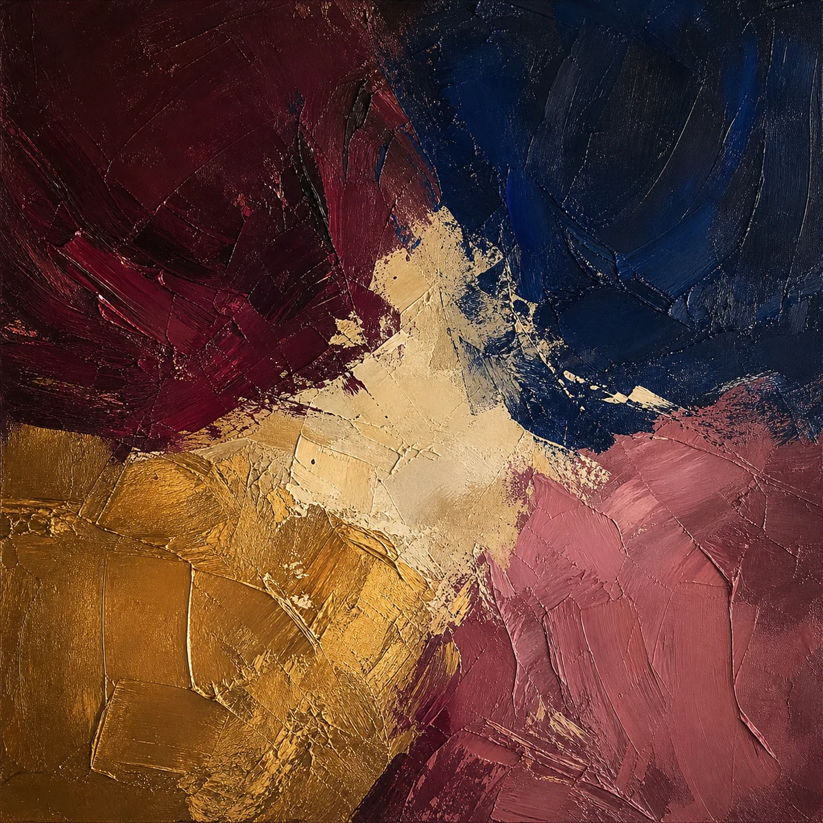 Four thick impasto color fields in burgundy, navy, rose, and gold