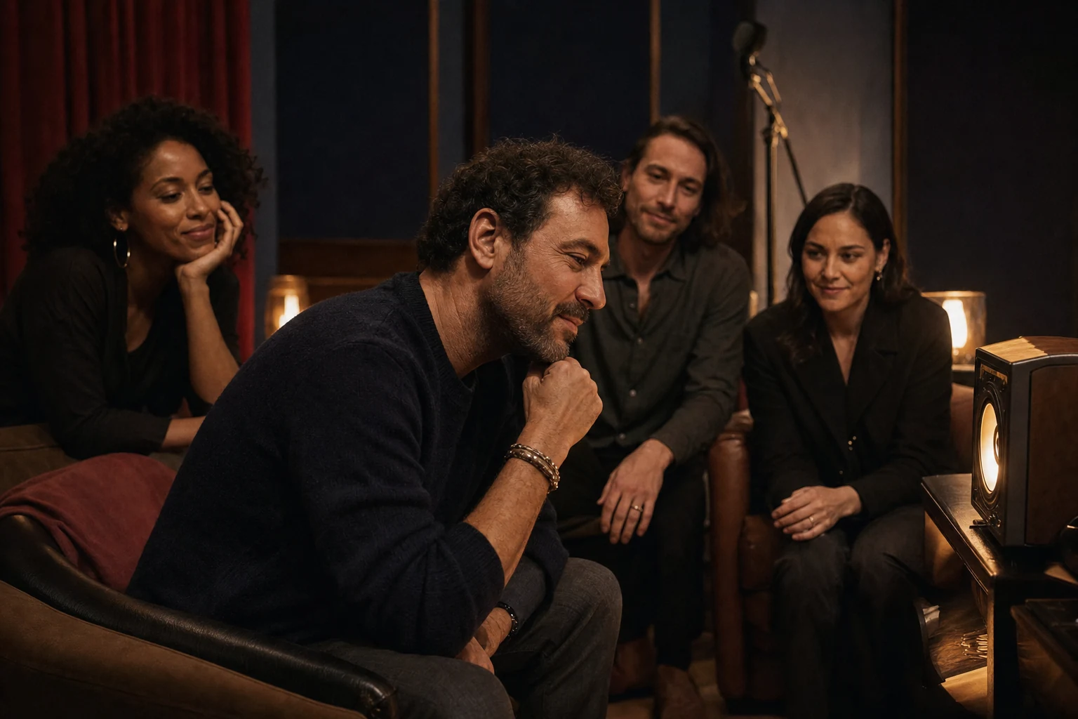 Intimate live-room birthday song playback with warm candle-gold light