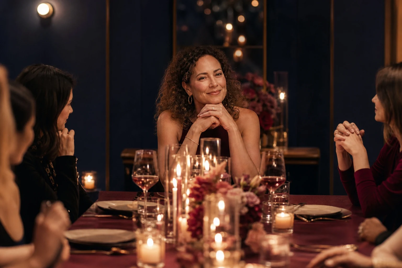 Cinematic candlelit fortieth birthday dinner portrait in burgundy and navy