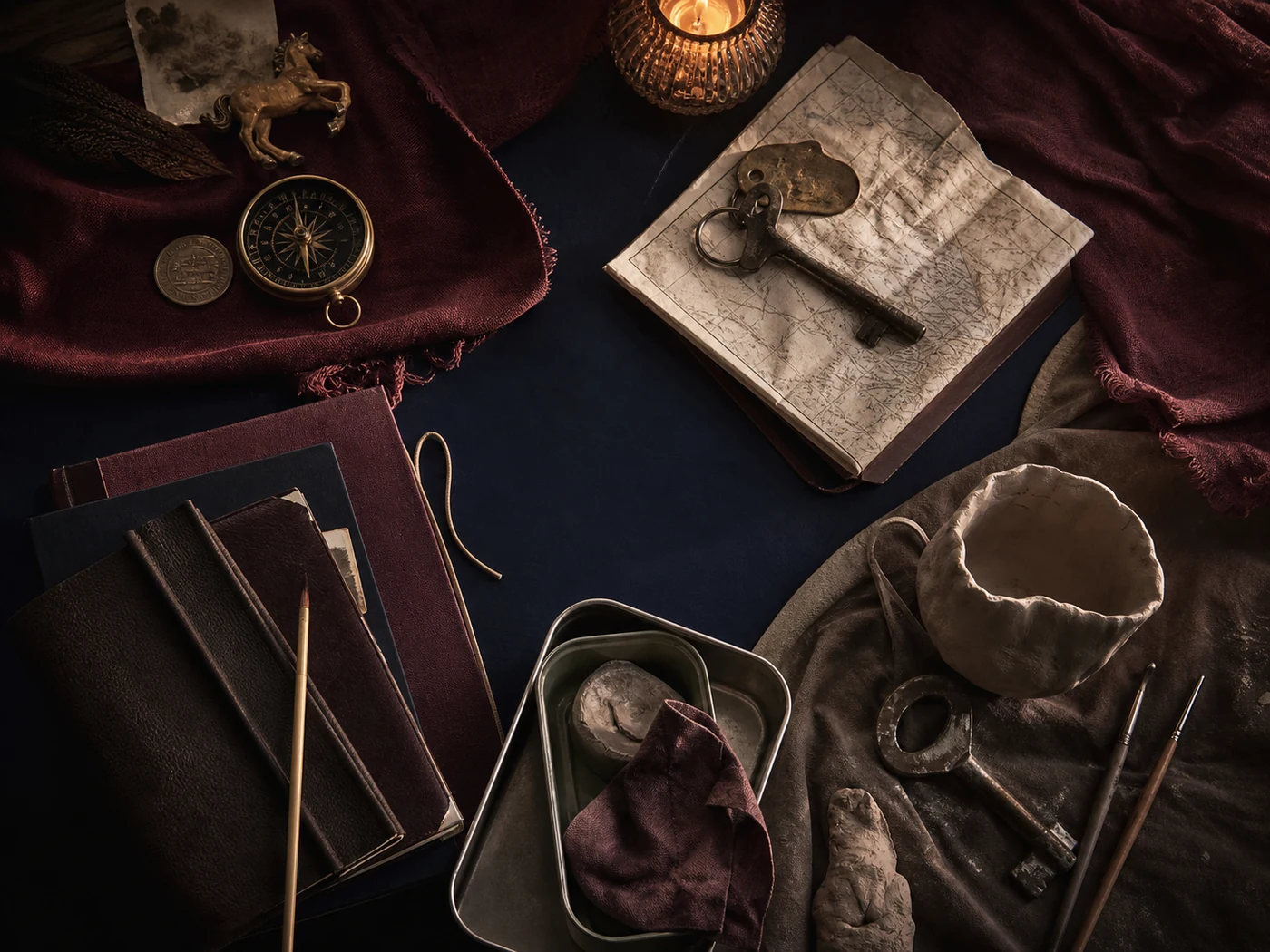 Four groups of personal objects representing roots, risks, responsibilities, and renewed priorities