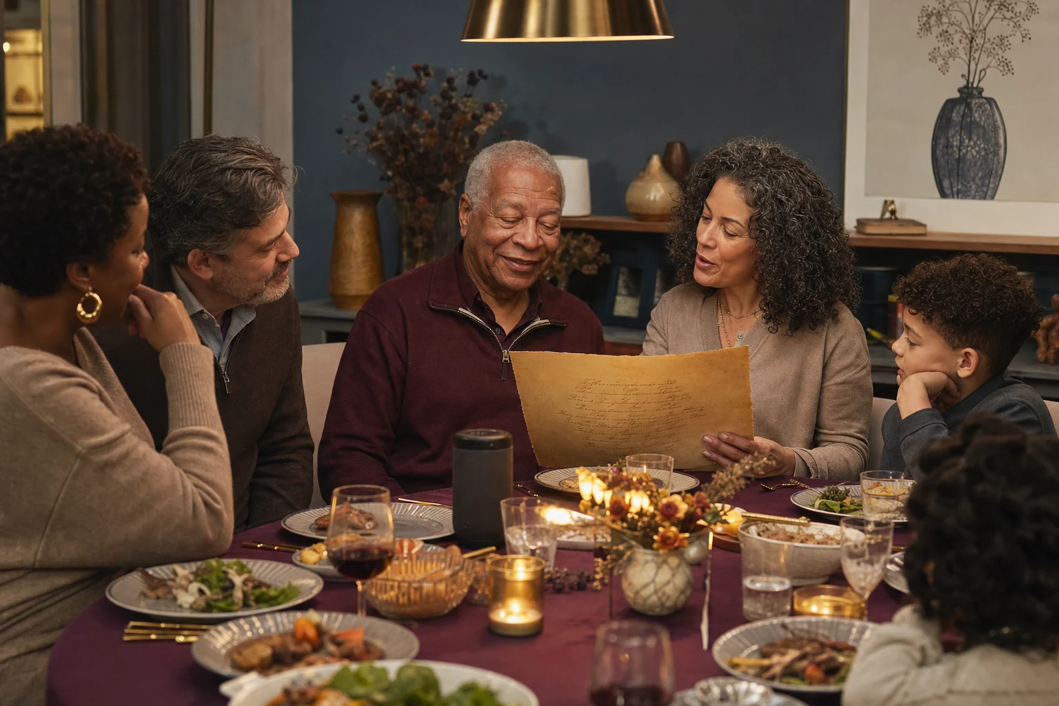 Multigenerational family table listening to a seventieth birthday song