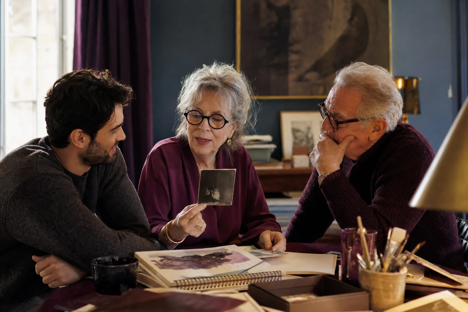 Elegant documentary seventieth birthday portrait in plum, stone blue, and warm gold