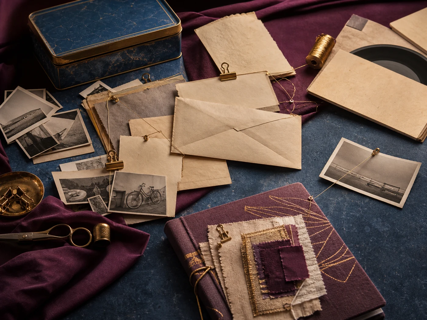 Archive of family photographs, handwritten pages, envelopes, and verified story objects