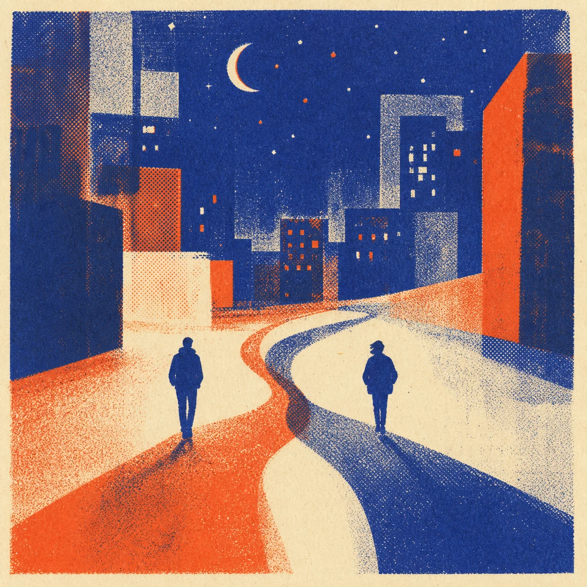 Two-color risograph of doubled city silhouettes in ultramarine and orange red