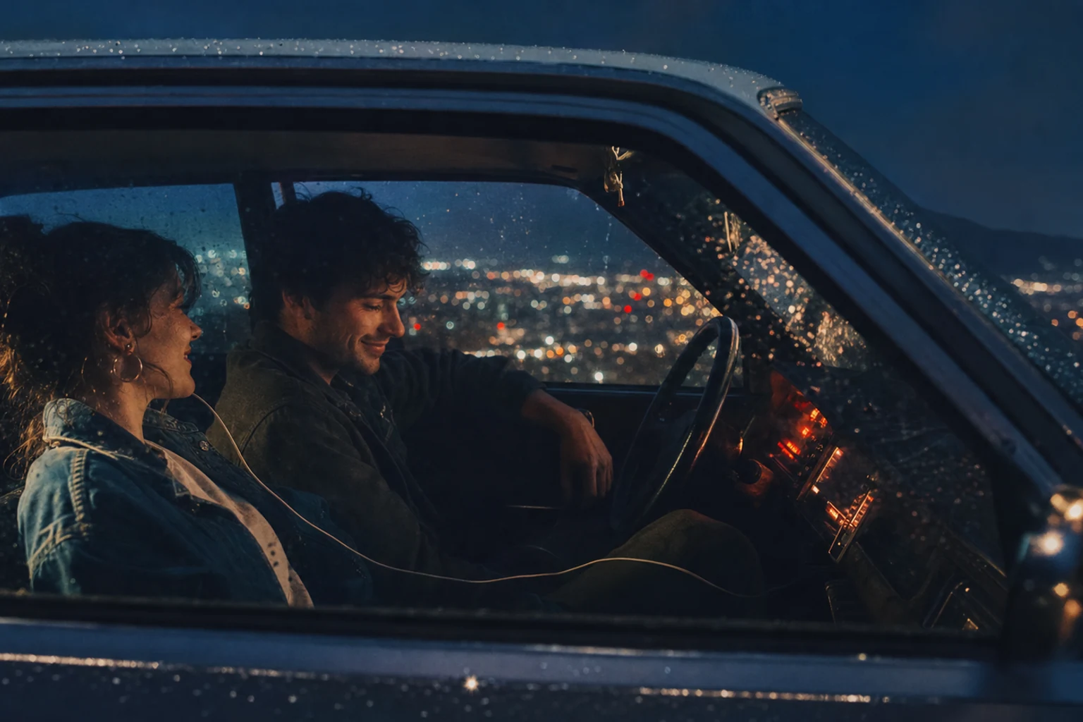 Couple listening to a personalized song together inside a parked car at night