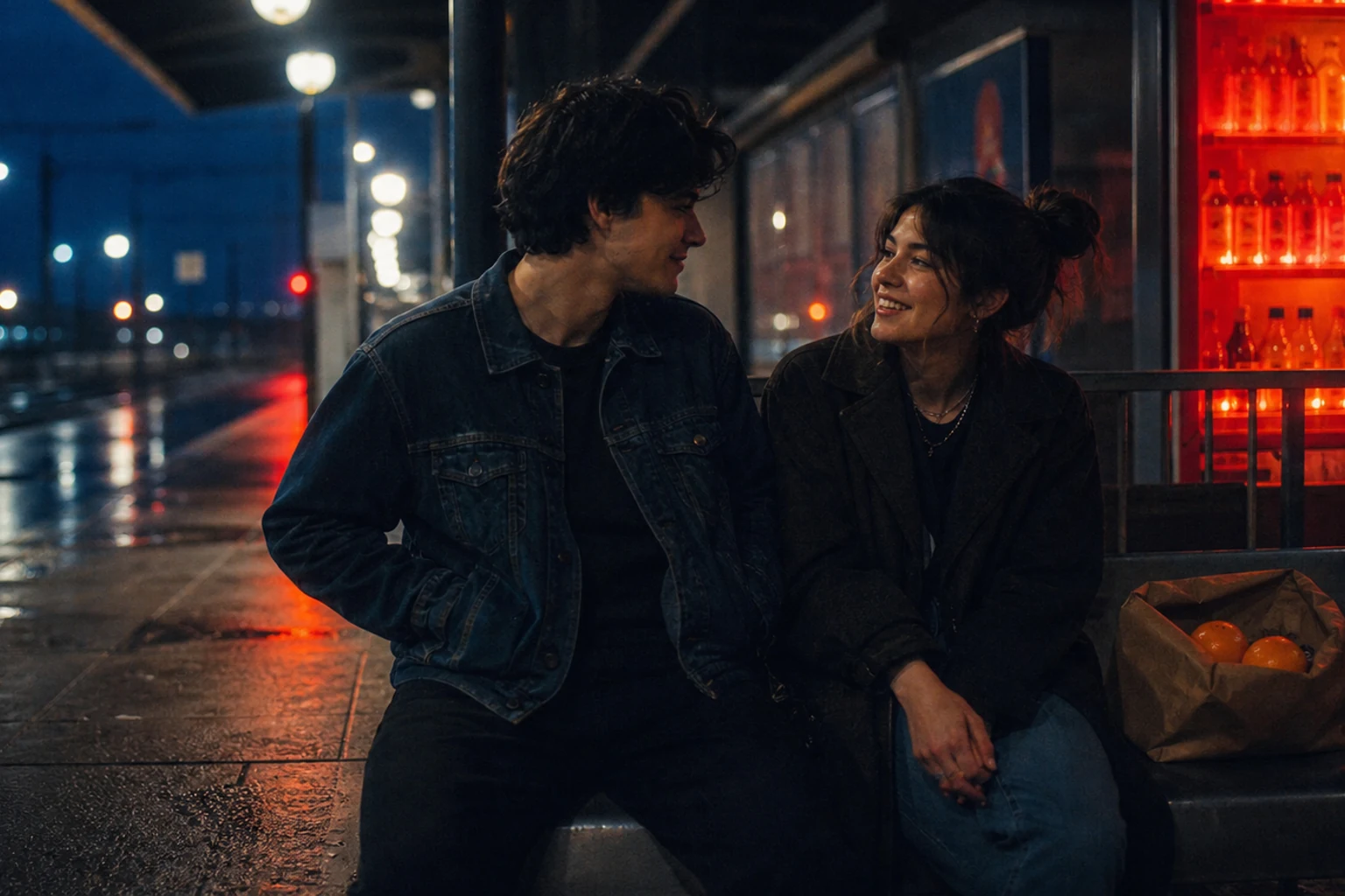 Youth-cinema night scene of a couple moving through ultramarine and orange-red city light