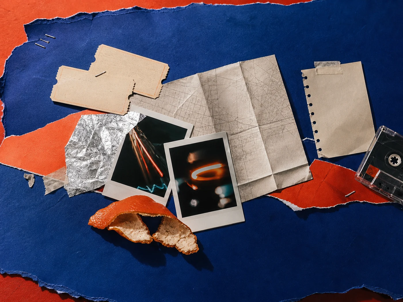 Collage of tickets, instant photos, a blank takeout slip, and small objects from early dates