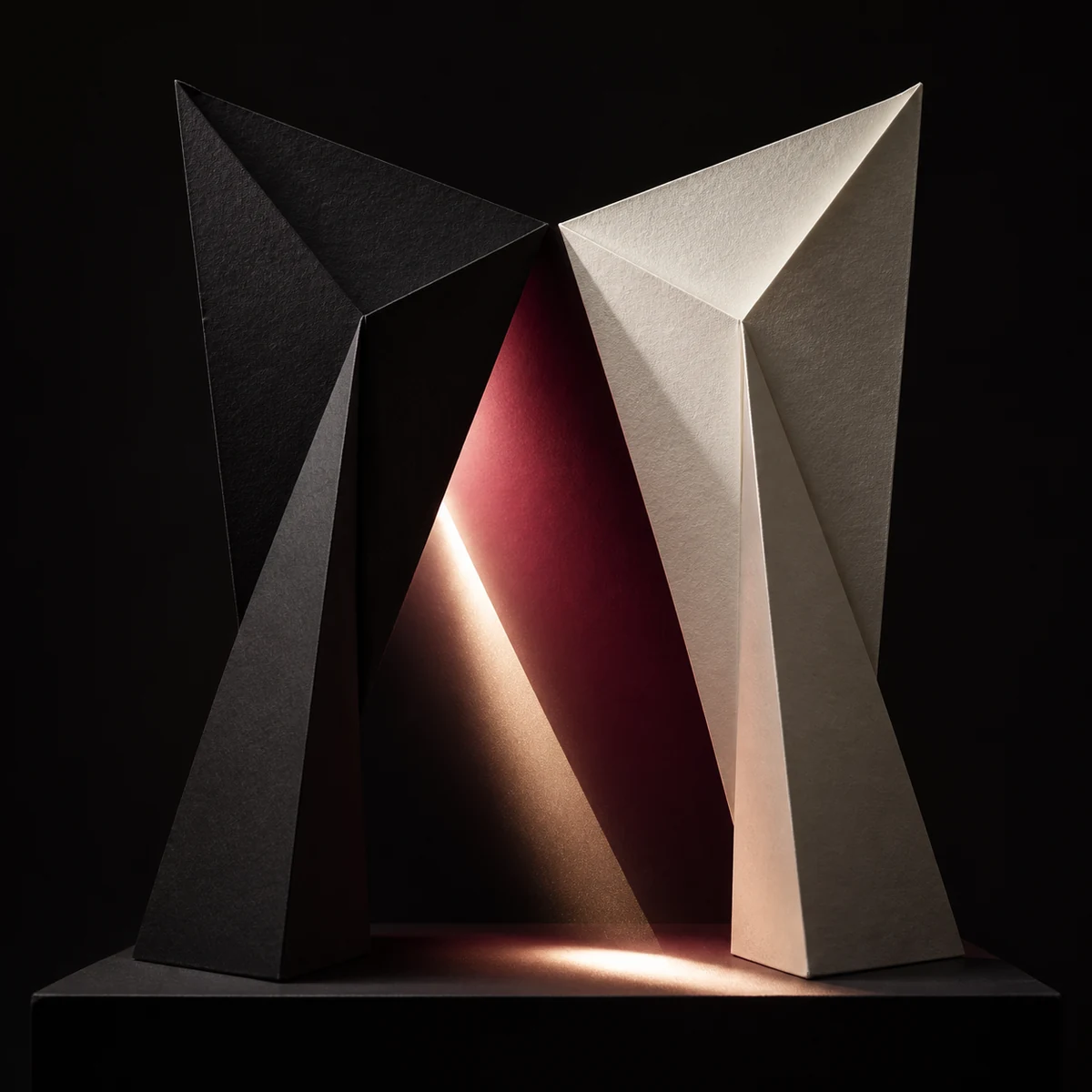 Origami doorway crossed by one narrow beam of colored light