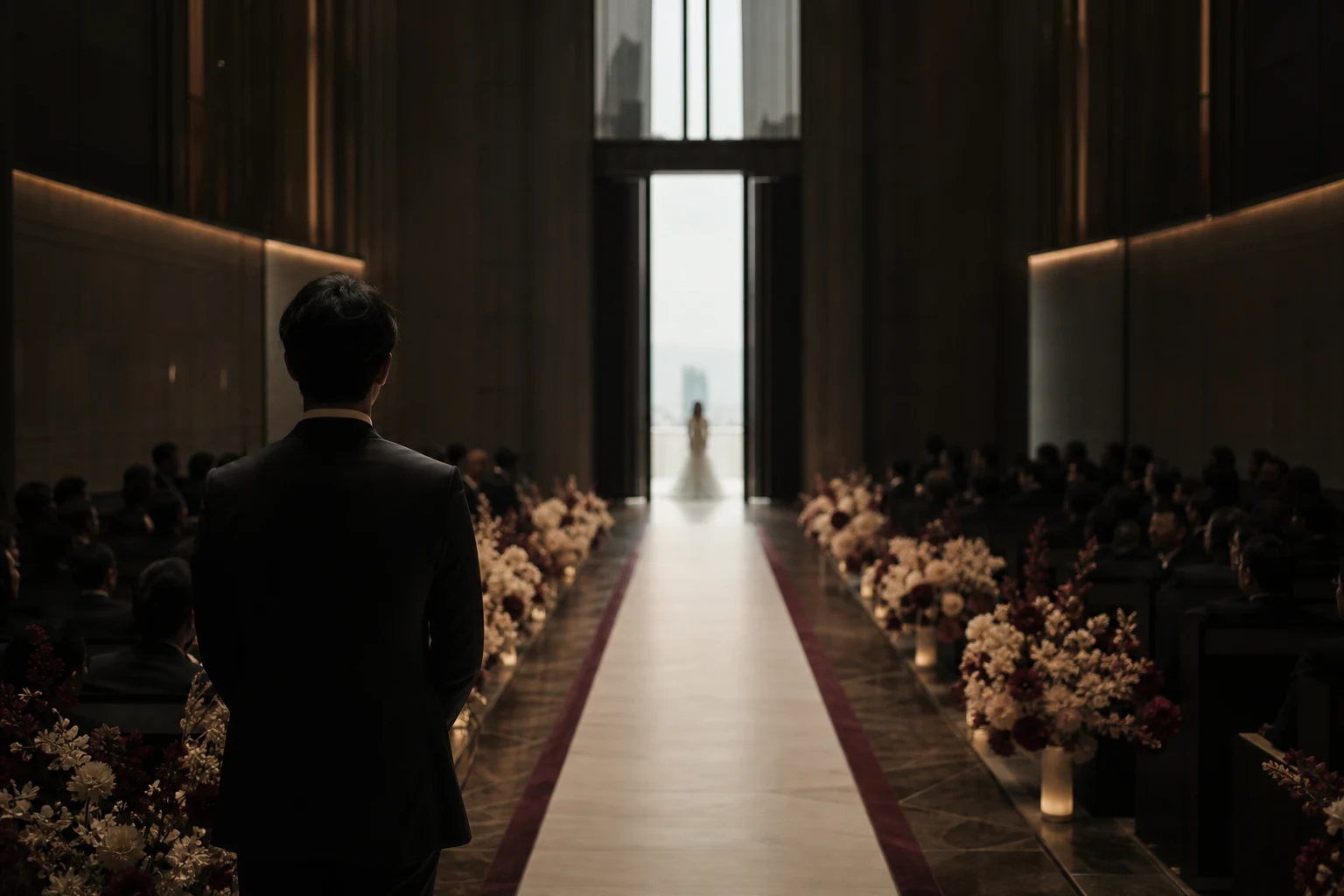 A waiting partner seen from a distant doorway before the ceremony entrance